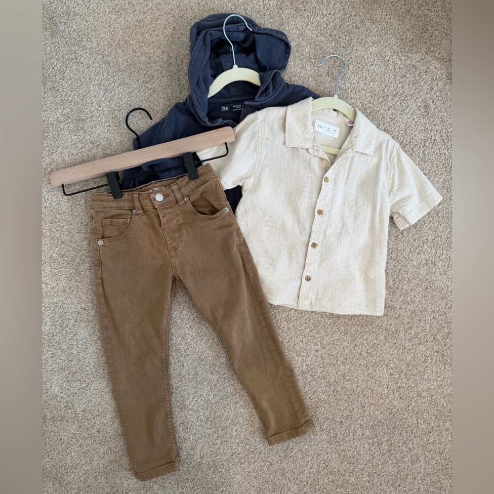 ZARA Toddler Boy Bundle — Hooded Navy Jacket, Button Down Shirt, Pants